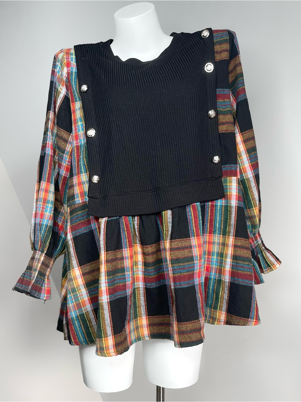 Korean Black Plaid Long Sleeve Babydoll Top
